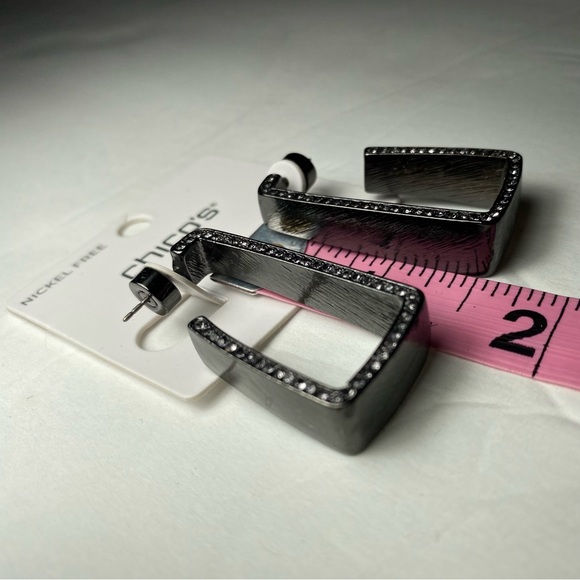 NEW Chico’s Hematite Tone Pavé Rectangle Hoops Statement Earrings Everyday Wear - Picture 4 of 9